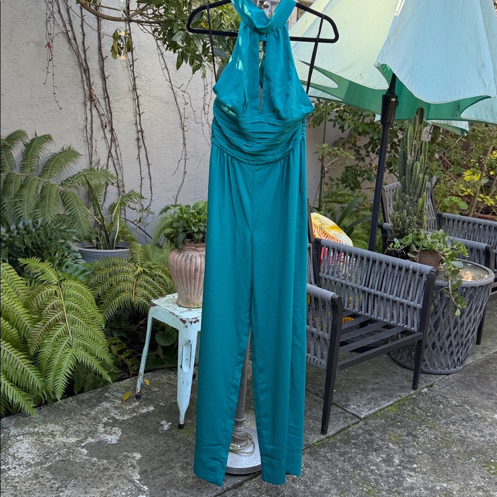 Bebe Teal Jumpsuit With Halter Neck Tie Back